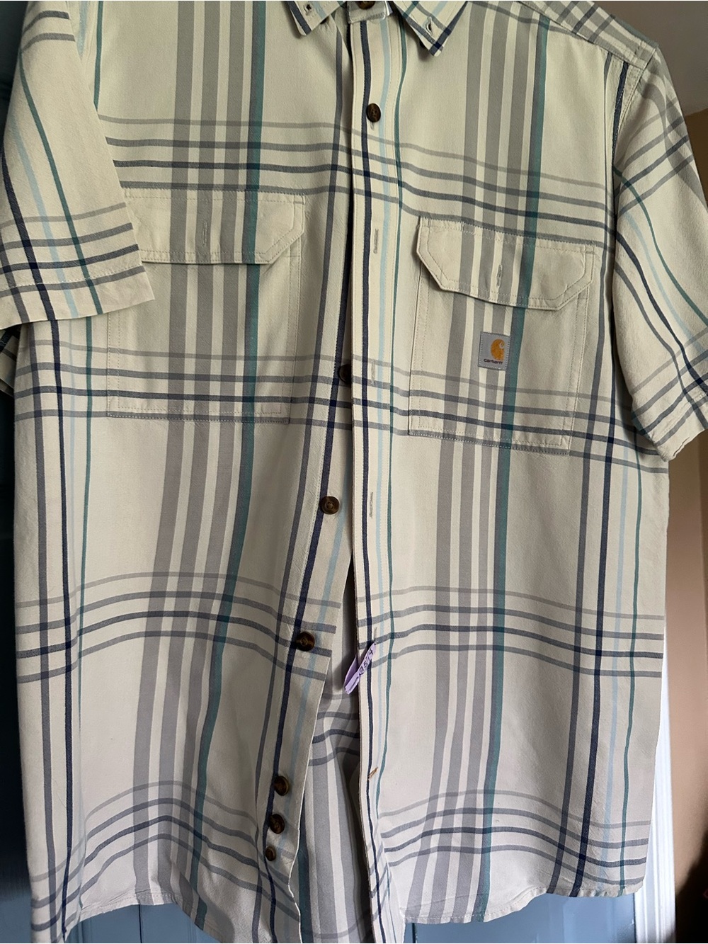 Carhartt Men’s Short-Sleeve Plaid Button-Up Shirt — Cream, Gray, Blue